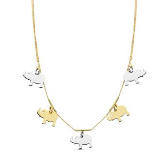 Collar de Oro Bicolor 18 Quilates con 5 Elefantes Colgantes en Amarillo y Blanco Alternados