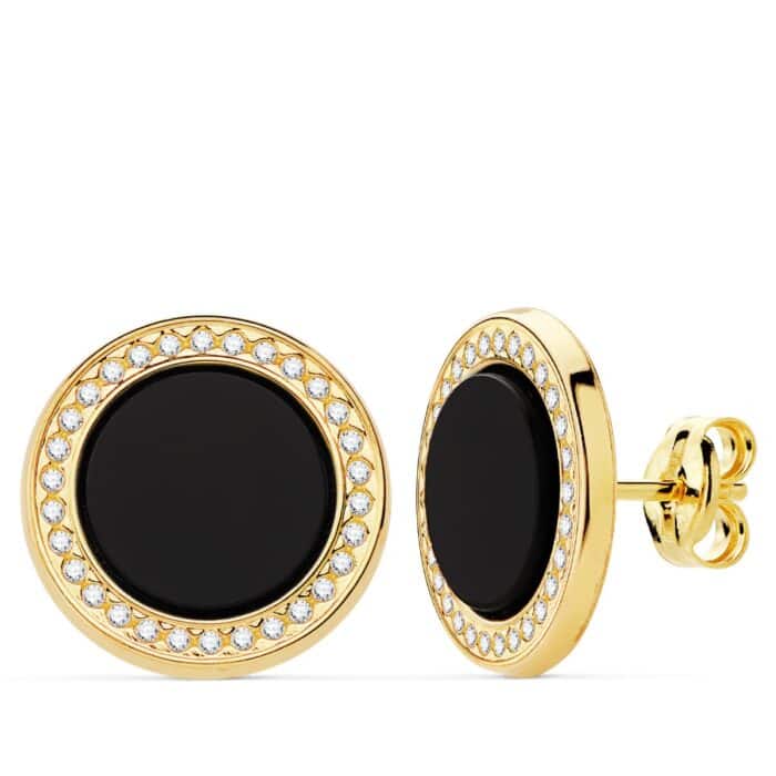 Pendientes Esfera 12,5 mm en Oro Amarillo de 18 Quilates con Circonitas y Ónix - Imagen 1
