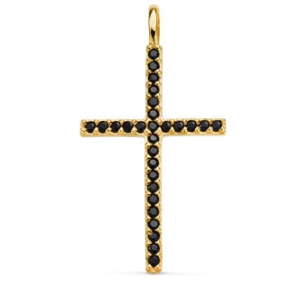 Cruz Recta 37×19 mm en Oro Amarillo de 18K Circonitas Negras