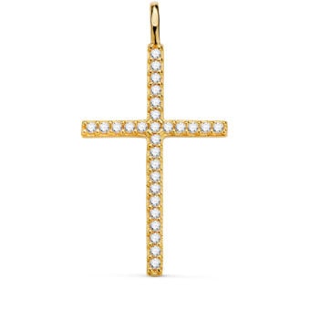 Cruz Recta 37×19 mm en Oro Amarillo de 18K Circonitas Blancas