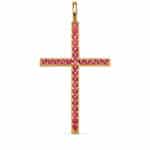 Cruz Recta 37×19 mm en Oro Amarillo de 18K Circonitas Rojas