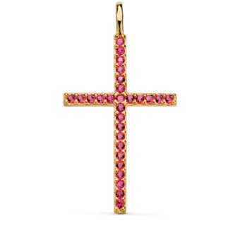 Cruz Recta 37×19 mm en Oro Amarillo de 18K Circonitas Rojas