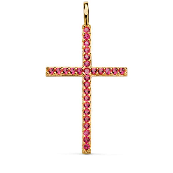 22352-ro Cruz Recta 37×19 mm en Oro Amarillo de 18K Circonitas Rojas - Imagen 1