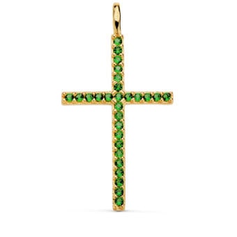 Cruz Recta 37×19 mm en Oro Amarillo de 18K Circonitas Verdes