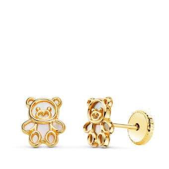 Pendientes Bebé 7 x 6 mm en Oro Amarillo 18K Osito Nácar