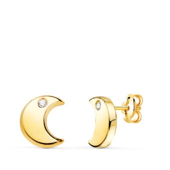 Pendientes 9 x 8 mm en Oro Amarillo 18 Quilates Media Luna Circonita