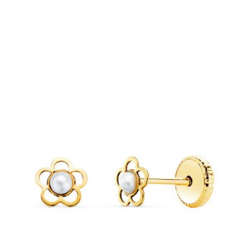 Pendientes Bebé con Flores Caladas de 5 mm en Oro Amarillo 18 Quilates y Perlas Cultivadas