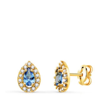 Pendientes 8,5 x 6 mm en Oro Amarillo de 18K Circonita Azul Pera