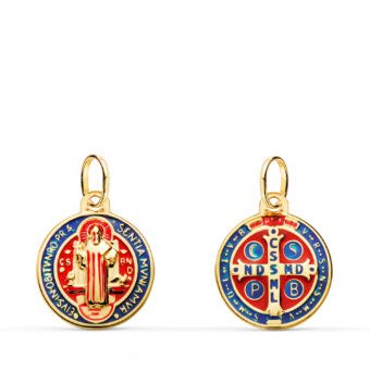 Medalla San Benito Monje Escapulario 14 mm Oro Amarillo 18K con Esmalte