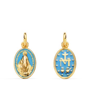 Medalla Virgen Milagrosa 16 x 10 mm Oro Amarillo 18K con Esmalte Azul