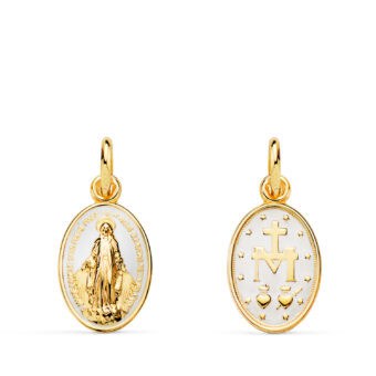 Medalla Virgen Milagrosa 16 x 10 mm Oro Amarillo 18K con Esmalte Blanco