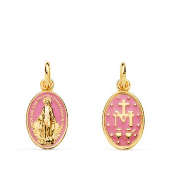 Medalla Virgen Milagrosa 16 x 10 mm Oro Amarillo 18K con Esmalte Rosa