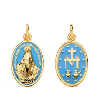 Medalla Virgen Milagrosa 20 x 14 mm Oro Amarillo 18K con Esmalte Azul
