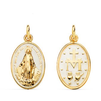 Medalla Virgen Milagrosa 20 x 14 mm Oro Amarillo 18K con Esmalte Blanco