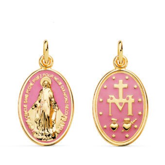 Medalla Virgen Milagrosa 20 x 14 mm Oro Amarillo 18K Esmalte Rosa