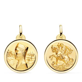 Medalla Escapulario 20 mm Virgen de Montserrat y San Jorge en Oro Amarillo 18K Bisel