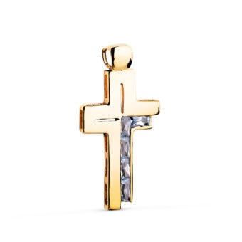 Cruz 30×15 mm en Oro Amarillo de 18K Baguettes Celestes