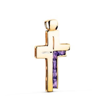Cruz 30×15 mm en Oro Amarillo de 18K Circonitas Moradas