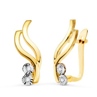 Pendientes 16 x 6,5 mm Oro Bicolor 18K Bandas Motivos Redondos Tallados