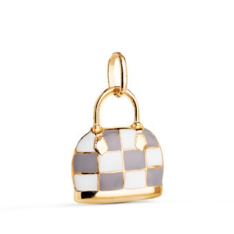 Colgante 14 x 13 mm Oro Amarillo 18K Esmalte Bolso Gris y Blanco
