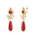 Pendientes Cubanas Lágrima Coralina 33 x 10 mm Oro Amarillo 18K con Camafeo