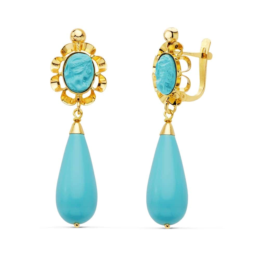 11902-ta Pendientes 38×10 en Oro Amarillo 18 Kilates Turquesa Camafeo - Imagen 1