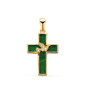 Cruz Recta 19×12,5 mm en Oro Amarillo de 18K Malaquita y Paloma