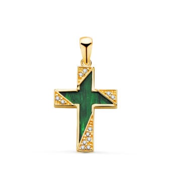 Cruz Recta 19×12,5 mm en Oro Amarillo de 18K Malaquita y Circonitas