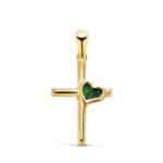 Cruz Recta 18×12 mm en Oro Amarillo de 18K Corazón Malaquita