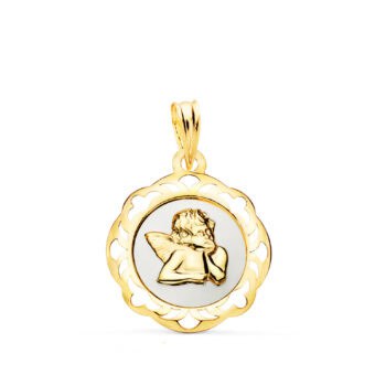 Medalla Bebé 20 x 18 mm Ángel Burlón en Oro Amarillo 18K Esmalte