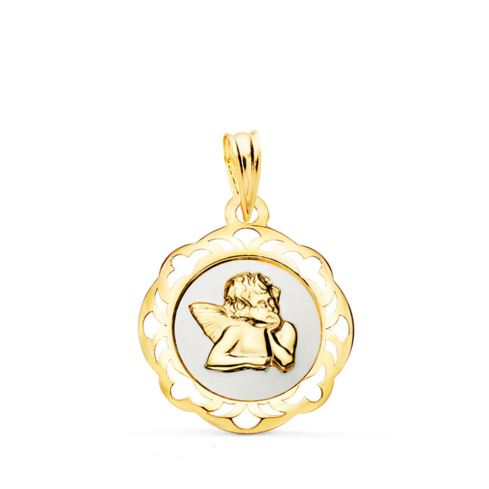 Medalla Bebé 20 x 18 mm Ángel Burlón en Oro Amarillo 18K Esmalte - Imagen 1