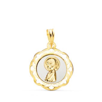Medalla Comunión Virgen Niña 20 x 18 mm en Oro Amarillo 18K con Esmalte