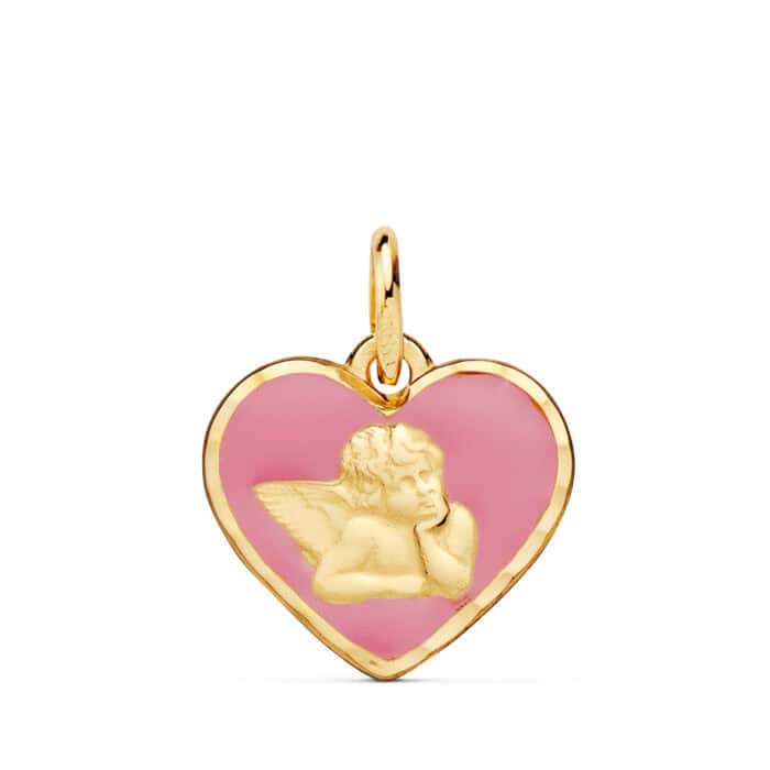 18K MEDALLA ORO AMARILLO CORAZON ANGELITO BURLON ESMALTE ROSA 14 MM - Imagen 1