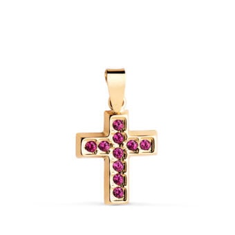 Cruz 13,5 x 10 mm Oro Amarillo 18K Circonitas Rojas