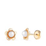 Pendientes Flor Calada 6 mm y Perla Cultivada Oro Amarillo 18K