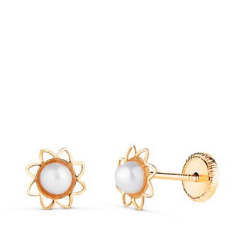 Pendientes Flor Calada 6 mm con Perla Oro Amarillo 18K Tuerca