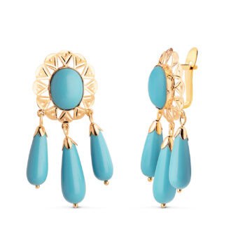Pendientes 37×15 en Oro Amarillo 18 Kilates Turquesa Lágrima