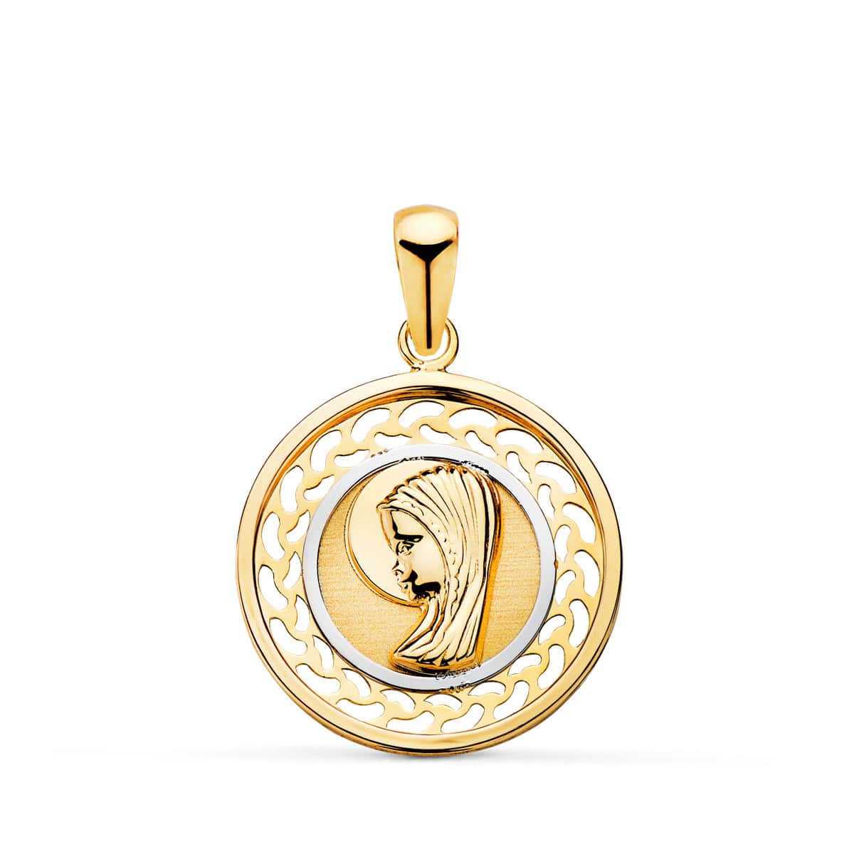 16783a Medalla Virgen Niña 17 mm Oro Bicolor 18K Calado - Imagen 1