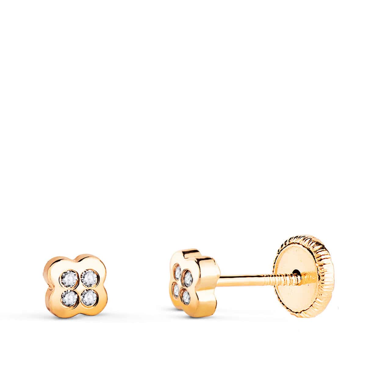 15643n Pendientes Bebé 4 mm en Oro Amarillo de 18 Quilates Flor con Circonitas - Imagen 1