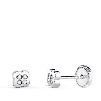 Pendientes Bebé 4 mm en Oro Blanco de 18 Quilates Flor con Circonitas