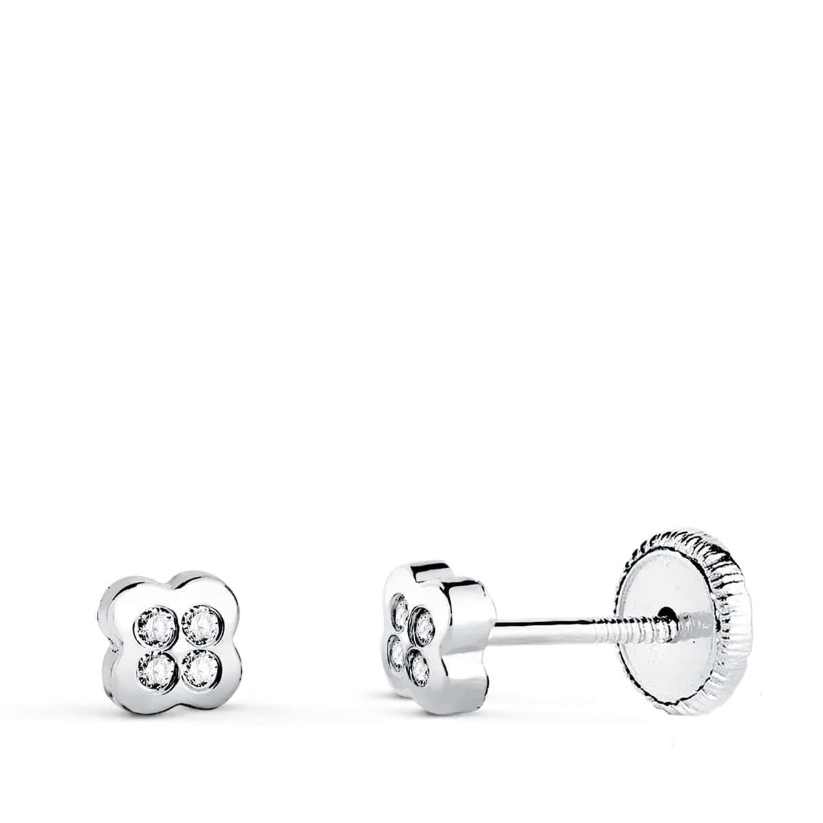 15646n Pendientes Bebé 4 mm en Oro Blanco de 18 Quilates Flor con Circonitas - Imagen 1