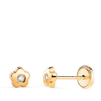 Pendientes Bebé 4 mm en Oro Amarillo 18 Quilates Flor Lisa con Circonita