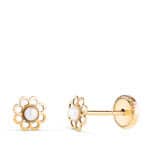 Pendientes Bebé 5 mm en Oro Amarillo 18 Quilates Flor Calada con Perla
