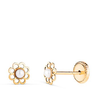 Pendientes Bebé 5 mm en Oro Amarillo 18 Quilates Flor Calada con Perla