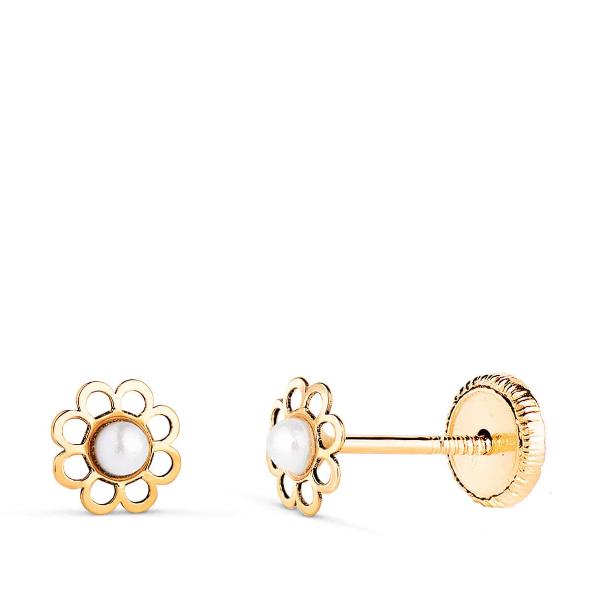 18510n Pendientes Bebé 5 mm en Oro Amarillo 18 Quilates Flor Calada con Perla - Imagen 1