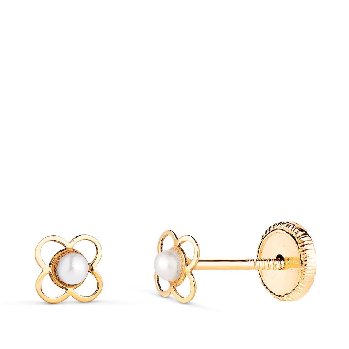 18511n Pendientes Bebé 5 mm en Oro Amarillo 18 Quilates Trébol y Perlas Cultivadas - Imagen 1