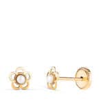 Pendientes Bebé con Flores Caladas de 5 mm en Oro Amarillo 18K y Perlas Cultivadas
