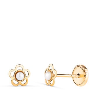 Pendientes Bebé con Flores Caladas de 5 mm en Oro Amarillo 18 Quilates y Perlas Cultivadas