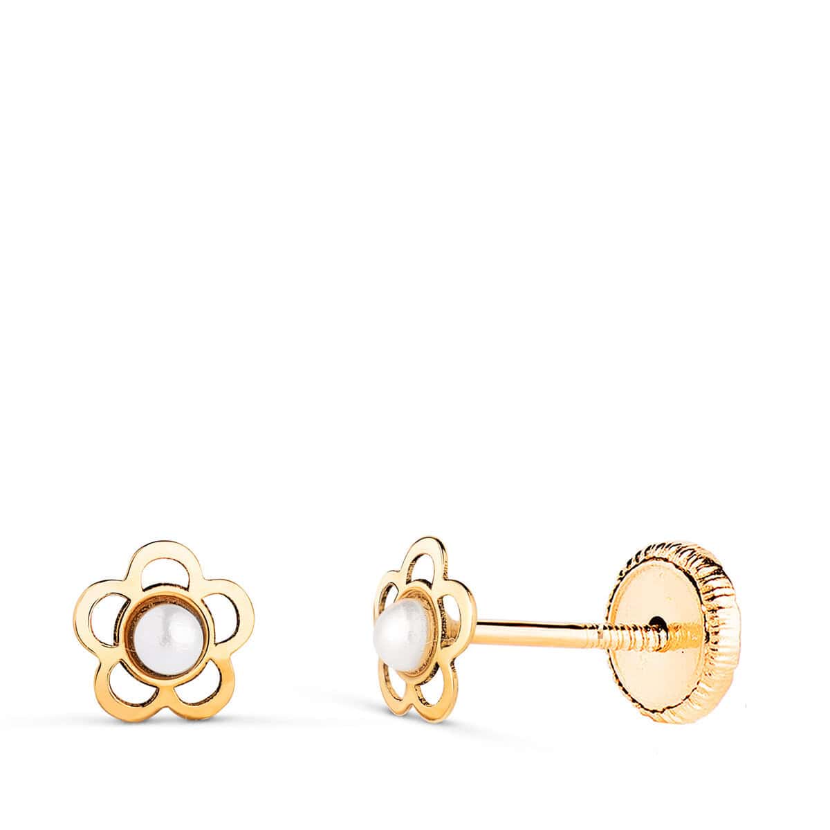 18512n Pendientes Bebé con Flores Caladas de 5 mm en Oro Amarillo 18K y Perlas Cultivadas - Imagen 1