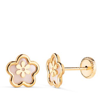Pendientes Niña 8 mm Oro Amarillo 18 Quilates Flor y Nácar
